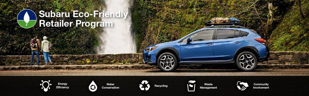 The Subaru Eco-Friendly Retailer Program logo with a blue Subaru and eco icons at bottom. | Jim Keras Subaru Hacks Cross in Memphis TN