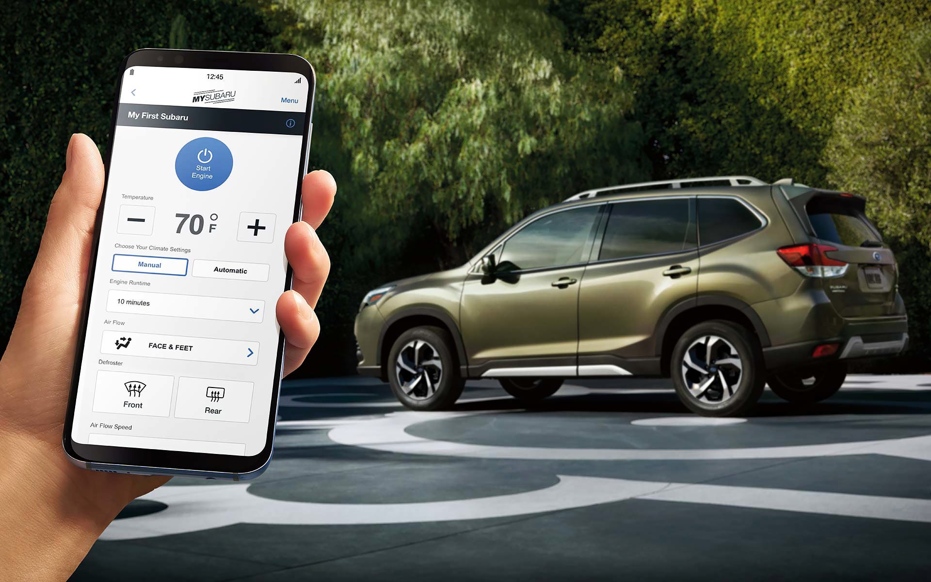 A close-up of a phone showing the Remote Engine Start with Climate Control feature of SUBARU STARLINK® Safety and Security available on the 2022 Forester. | Jim Keras Subaru Hacks Cross in Memphis TN