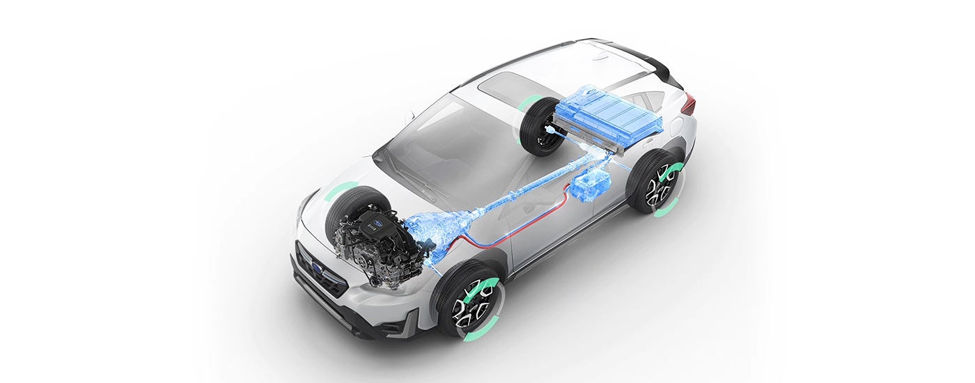 A photo illustration showing the all-electric mode of the Subaru StarDrive Technology in the 2023 Crosstrek Hybrid.